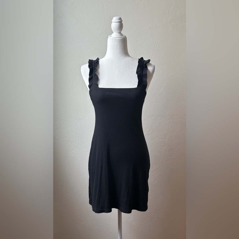 Wild Honey Black Ribbed Square Neck Ruffle Strap Mini Dress S - Picture 3 of 10